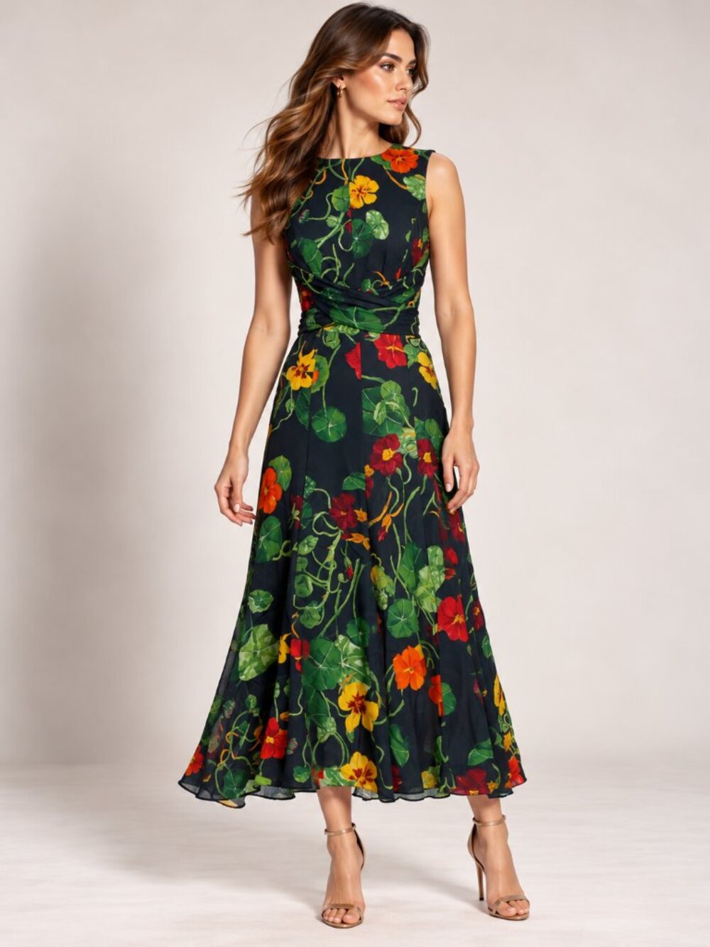 111- NWOT Oscar de la Renta 2023 Navy Blue Floral Sleeveless Midi Dress Size 2